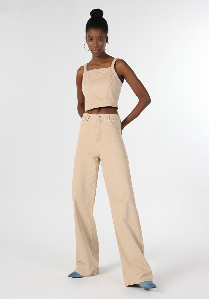 Slim Fit Pamuklu Kare Yaka Kadın Mavi Kolsuz Gömlek