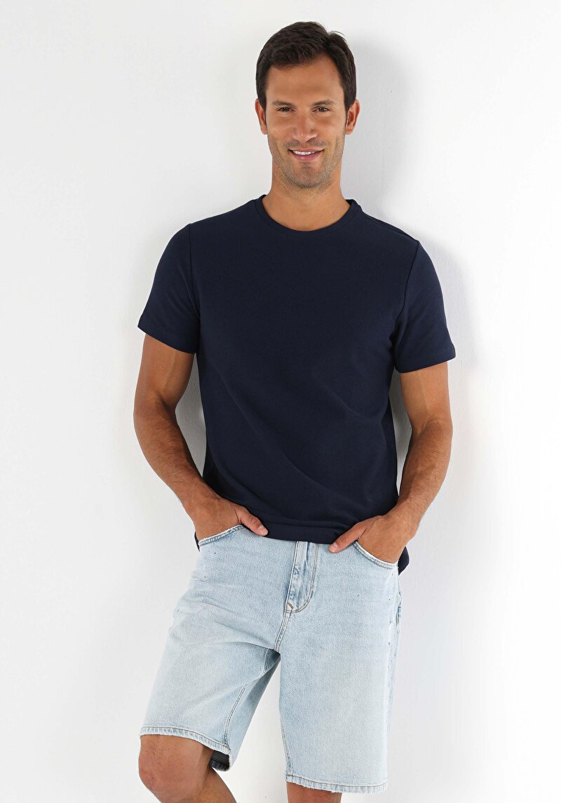 Regular Fit Yuvarlak Yaka Jakarlı Erkek Lacivert Kısa Kol Tişört