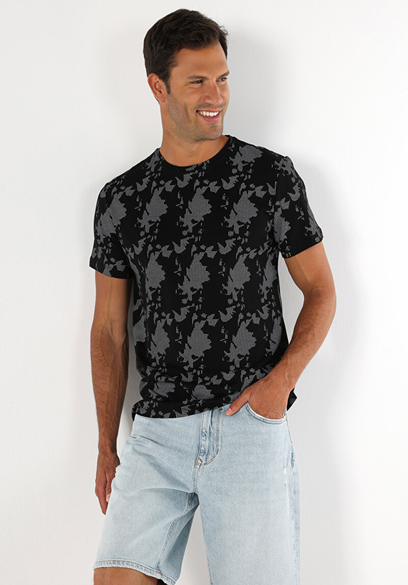 Regular Fit Yuvarlak Yaka Baskılı Erkek Siyah Kısa Kol Tişört
