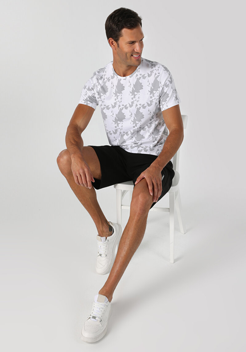 Regular Fit Yuvarlak Yaka Baskılı Erkek Beyaz Kısa Kol Tişört