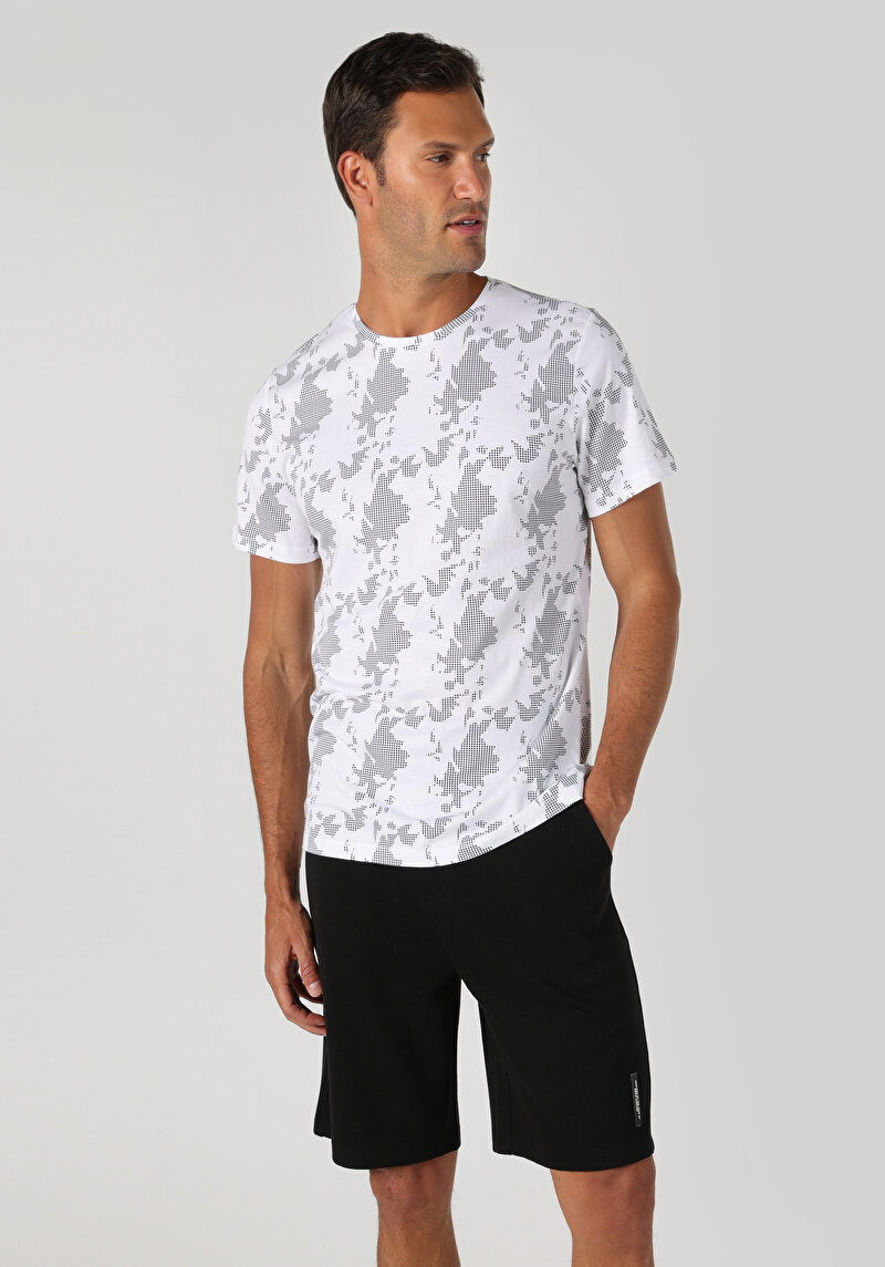 Regular Fit Yuvarlak Yaka Baskılı Erkek Beyaz Kısa Kol Tişört