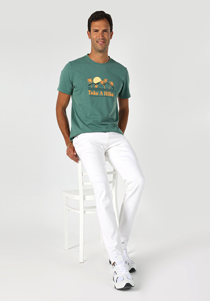 Regular Fit Yuvarlak Yaka Baskılı Erkek Yeşil Kısa Kol Tişört