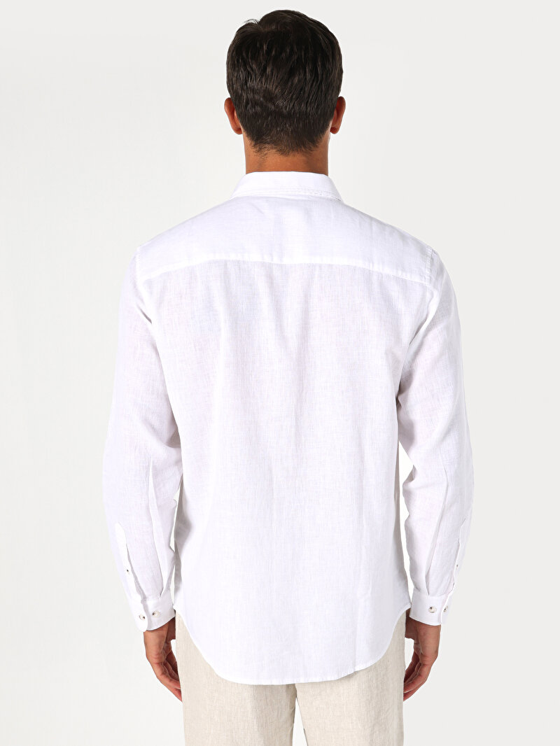 Comfort Fit Shirt Neck Düz Erkek Beyaz Uzun Kol Gömlek