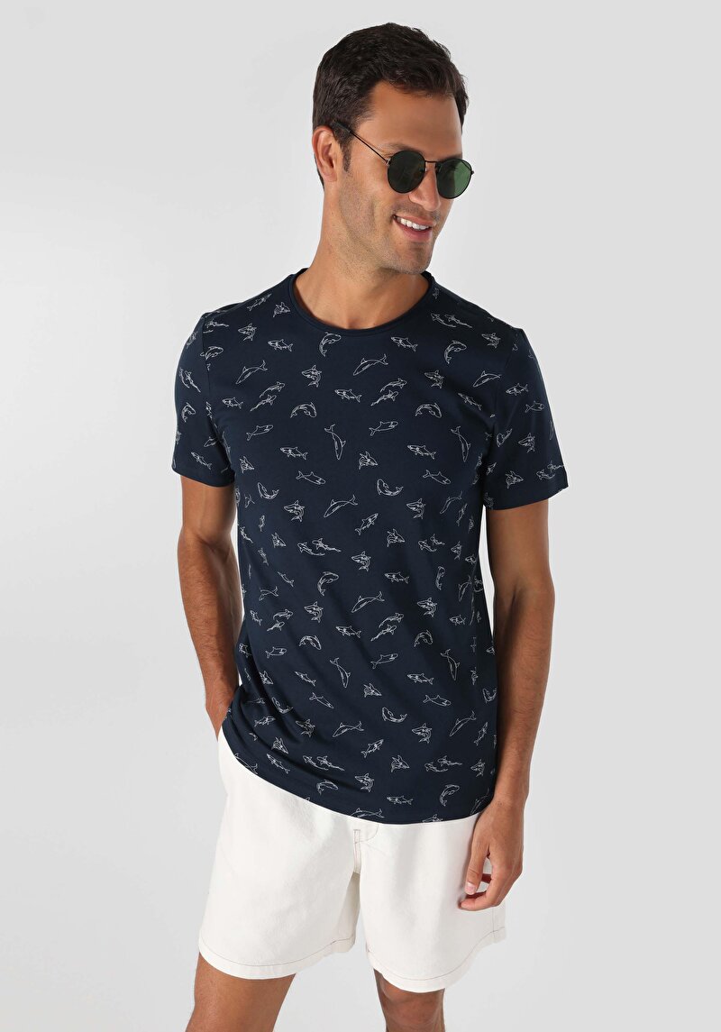 Regular Fit Yuvarlak Yaka Baskılı Erkek Lacivert Kısa Kol Tişört