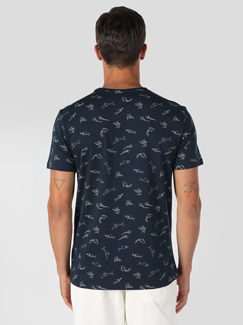 Regular Fit Yuvarlak Yaka Baskılı Erkek Lacivert Kısa Kol Tişört