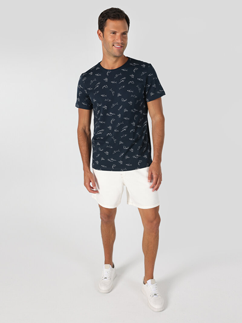 Regular Fit Yuvarlak Yaka Baskılı Erkek Lacivert Kısa Kol Tişört