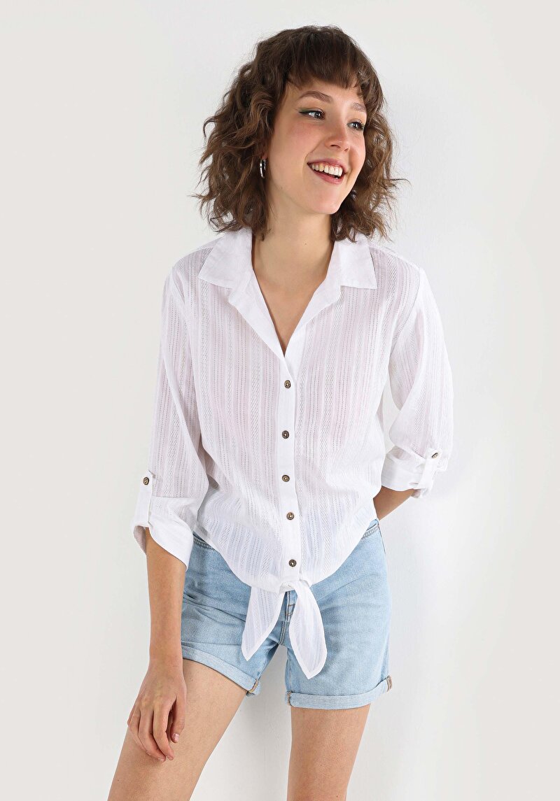 Regular Fit Shirt Neck Kadın Beyaz Roll-up Gömlek Cl1063856