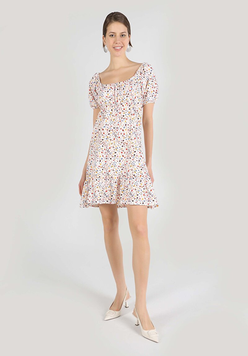 Cepsiz Regular Fit Çiçekli Kadın Çok Renkli Kısa Kol Elbise