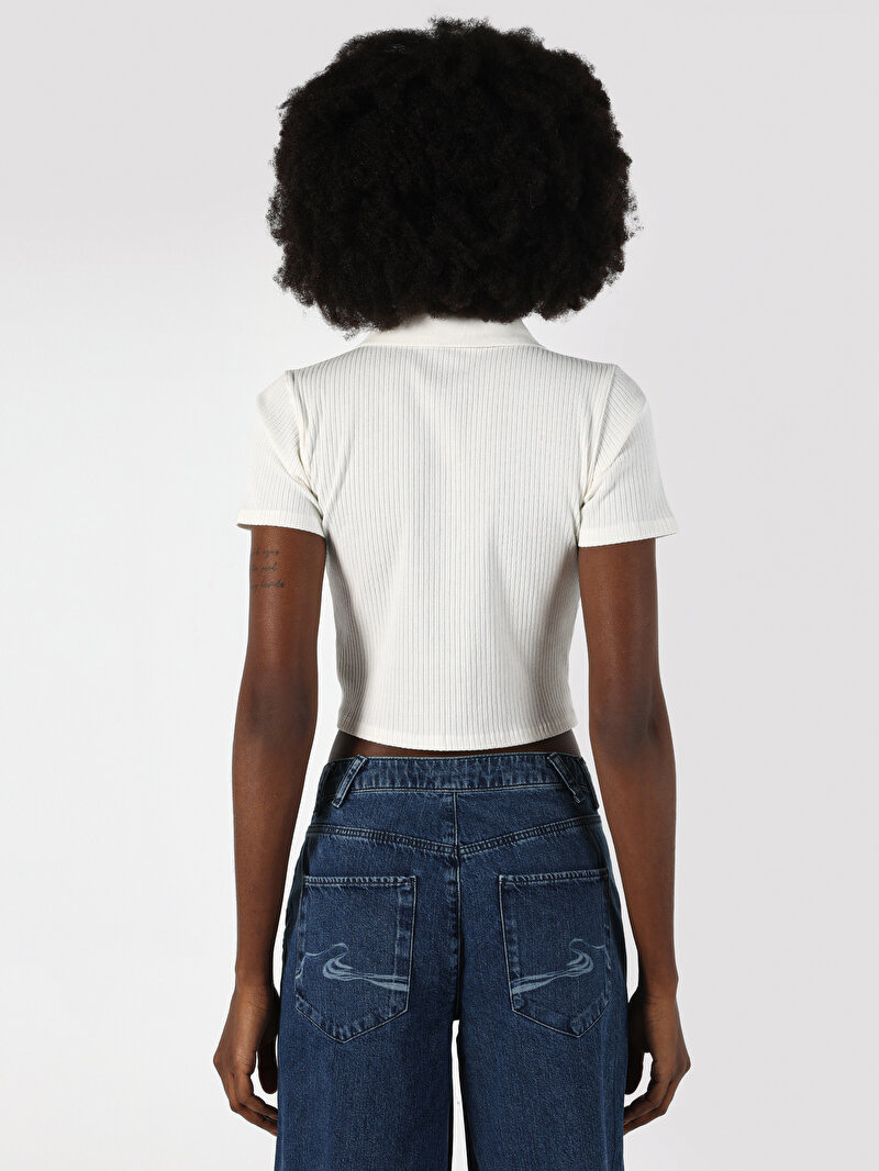 Slim Fit Polo Yaka Düz Kadın Beyaz Kısa Kol Tişört