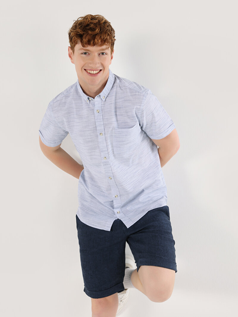 Slim Fit Shirt Neck Düz Erkek Mavi Kısa Kol Gömlek