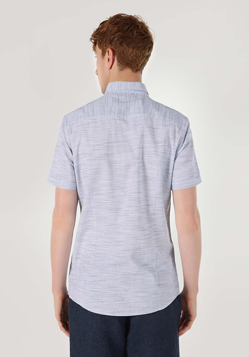 Slim Fit Shirt Neck Düz Erkek Mavi Kısa Kol Gömlek