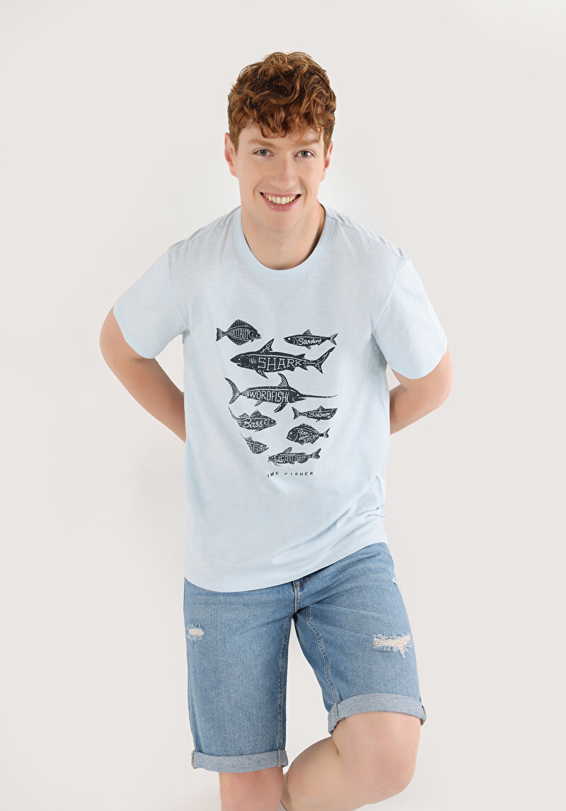 Regular Fit Yuvarlak Yaka Düz Erkek Mavi Kısa Kol Tişört