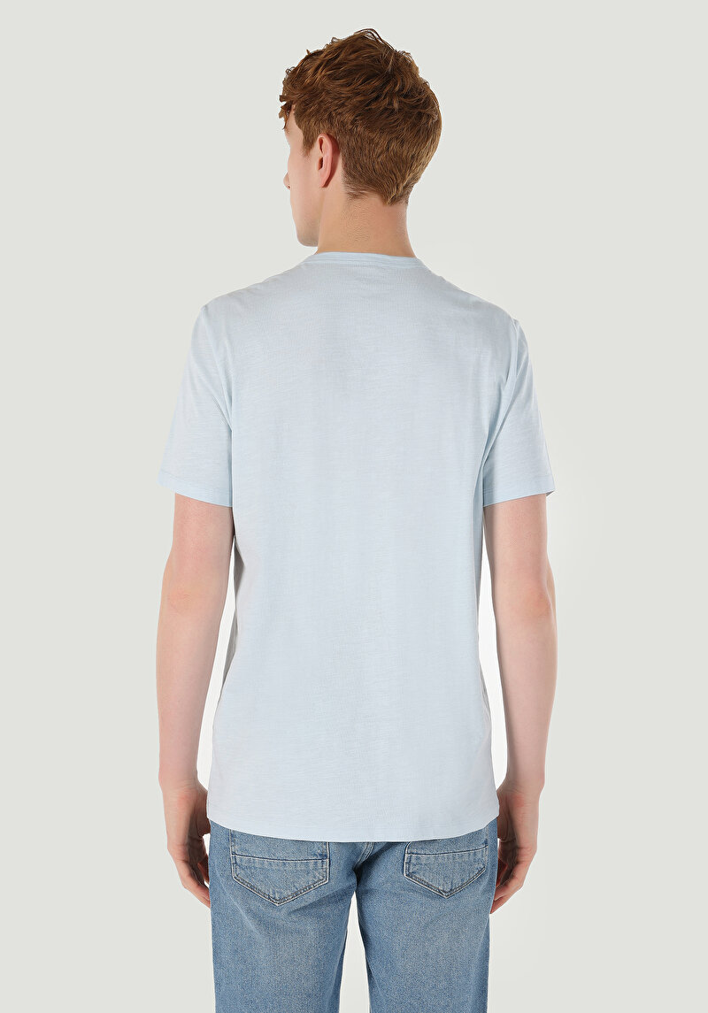 Regular Fit Yuvarlak Yaka Düz Erkek Mavi Kısa Kol Tişört