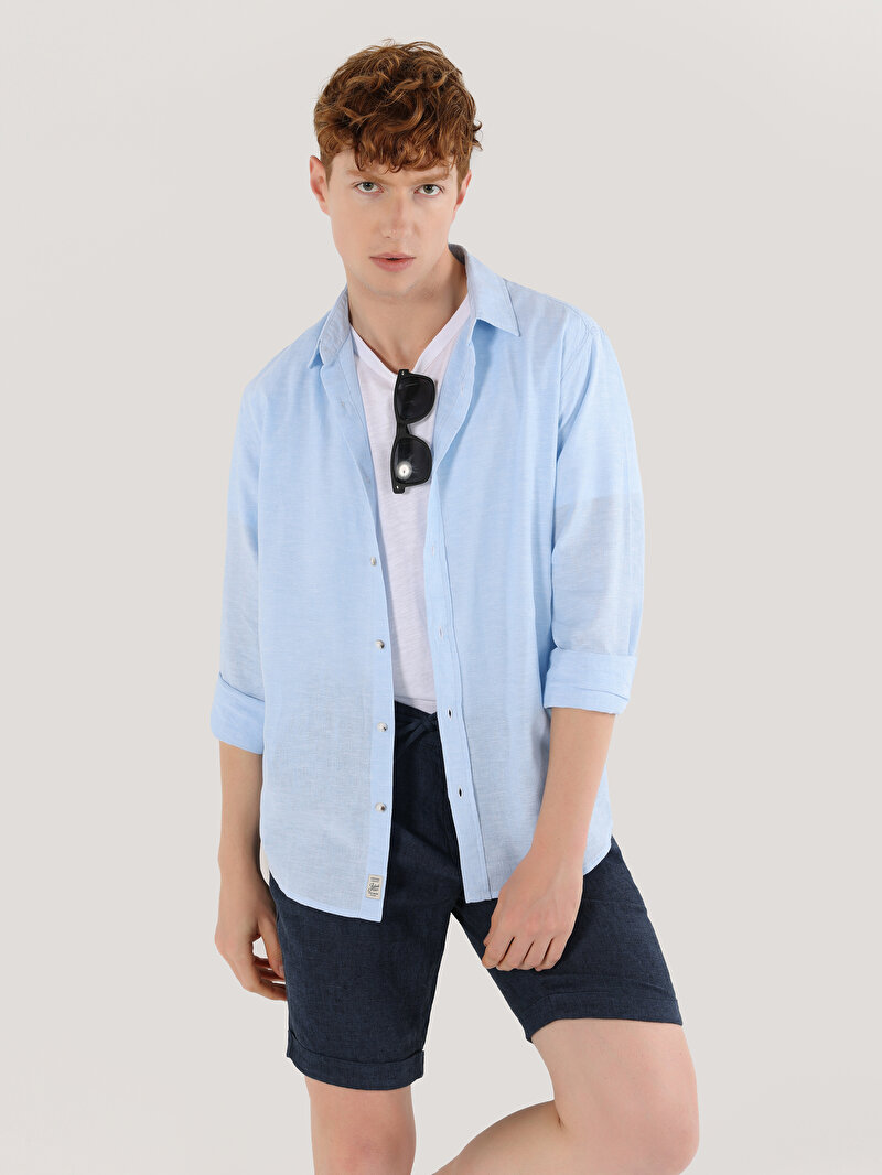 Comfort Fit Shirt Neck Düz Erkek Mavi Uzun Kol Gömlek