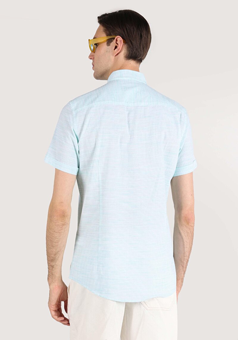 Slim Fit Shirt Neck Düz Erkek Yeşil Kısa Kol Gömlek