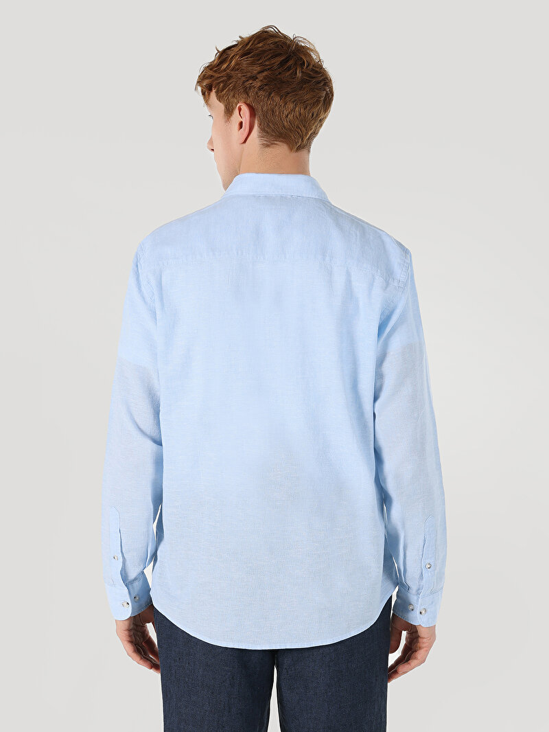 Comfort Fit Shirt Neck Düz Erkek Mavi Uzun Kol Gömlek