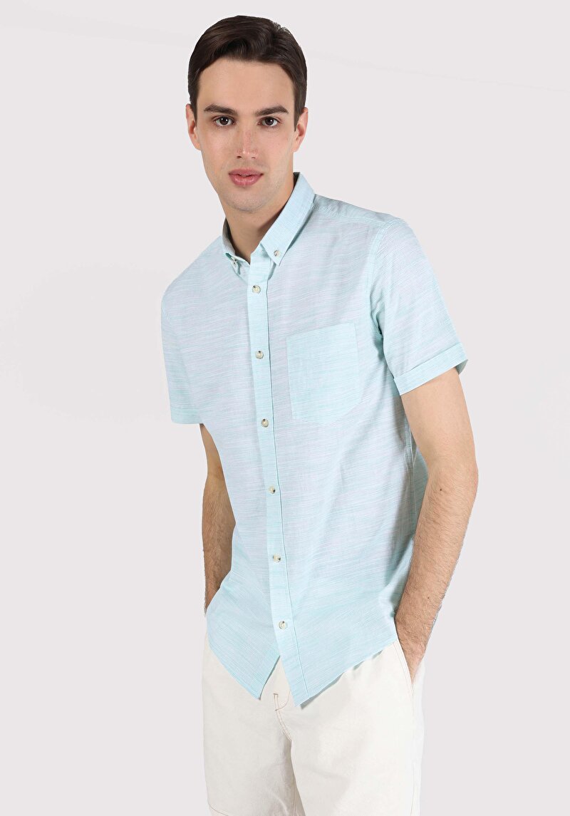 Slim Fit Shirt Neck Düz Erkek Yeşil Kısa Kol Gömlek
