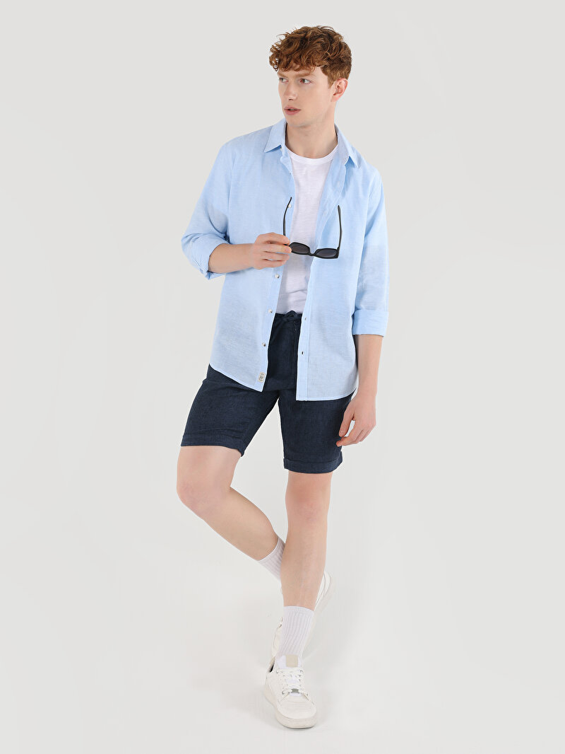 Comfort Fit Shirt Neck Düz Erkek Mavi Uzun Kol Gömlek