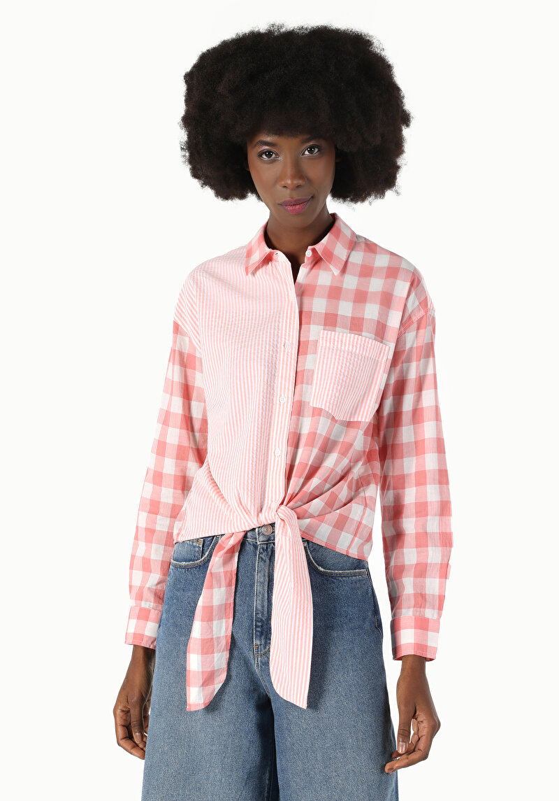 Regular Fit Shirt Neck Kadın Turuncu Uzun Kol Gömlek