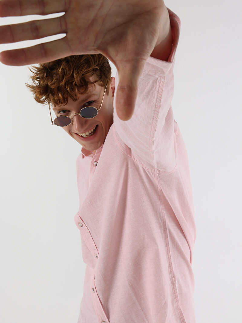 Comfort Fit Shirt Neck Düz Erkek Pembe Uzun Kol Gömlek