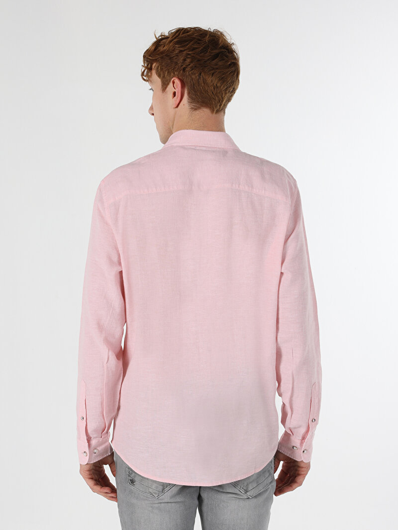 Comfort Fit Shirt Neck Düz Erkek Pembe Uzun Kol Gömlek