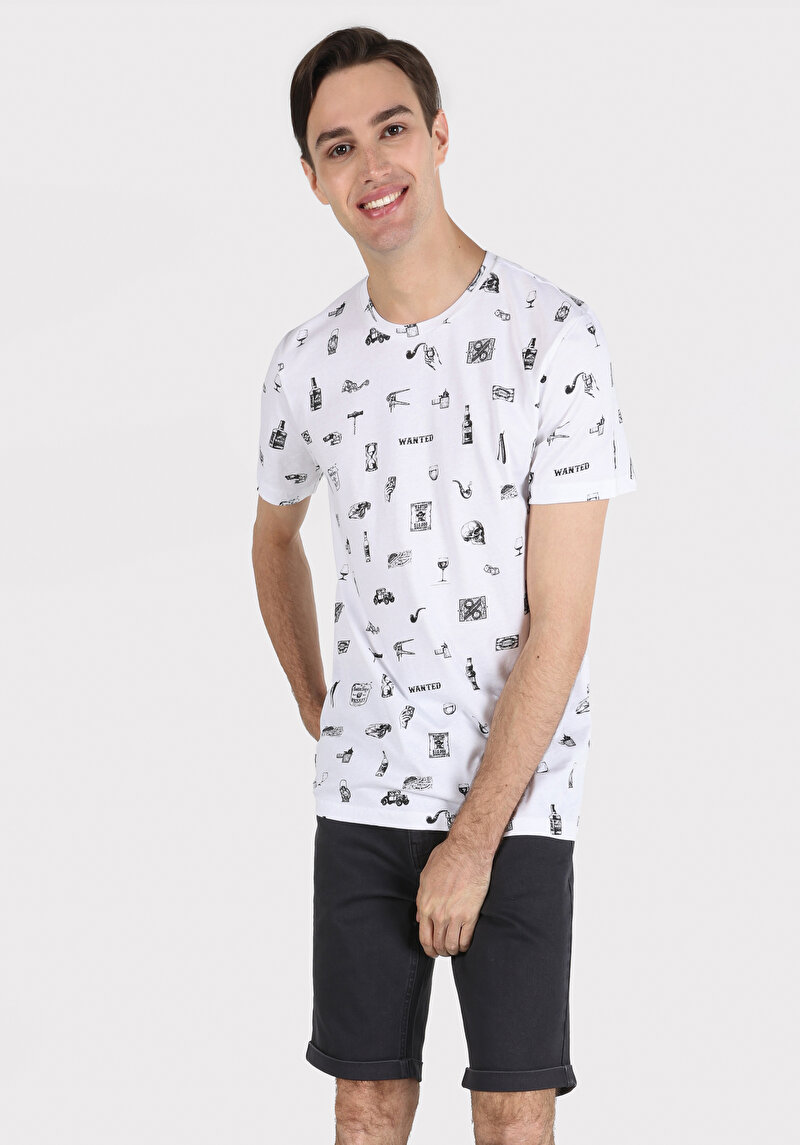 Regular Fit Yuvarlak Yaka Baskılı Erkek Beyaz Kısa Kol Tişört