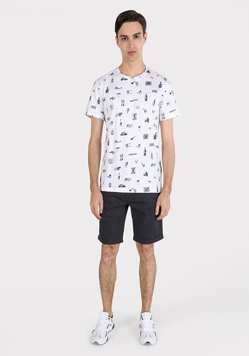 Regular Fit Yuvarlak Yaka Baskılı Erkek Beyaz Kısa Kol Tişört