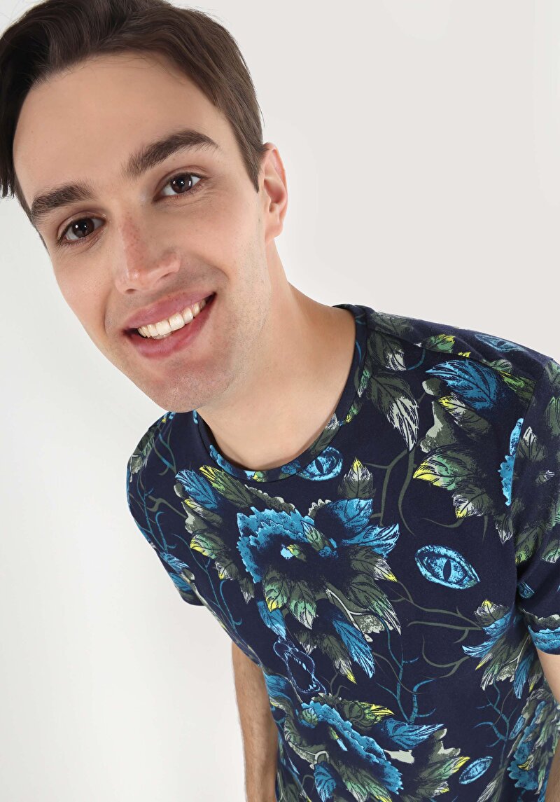 Regular Fit Yuvarlak Yaka Baskılı Erkek Yeşil Kısa Kol Tişört