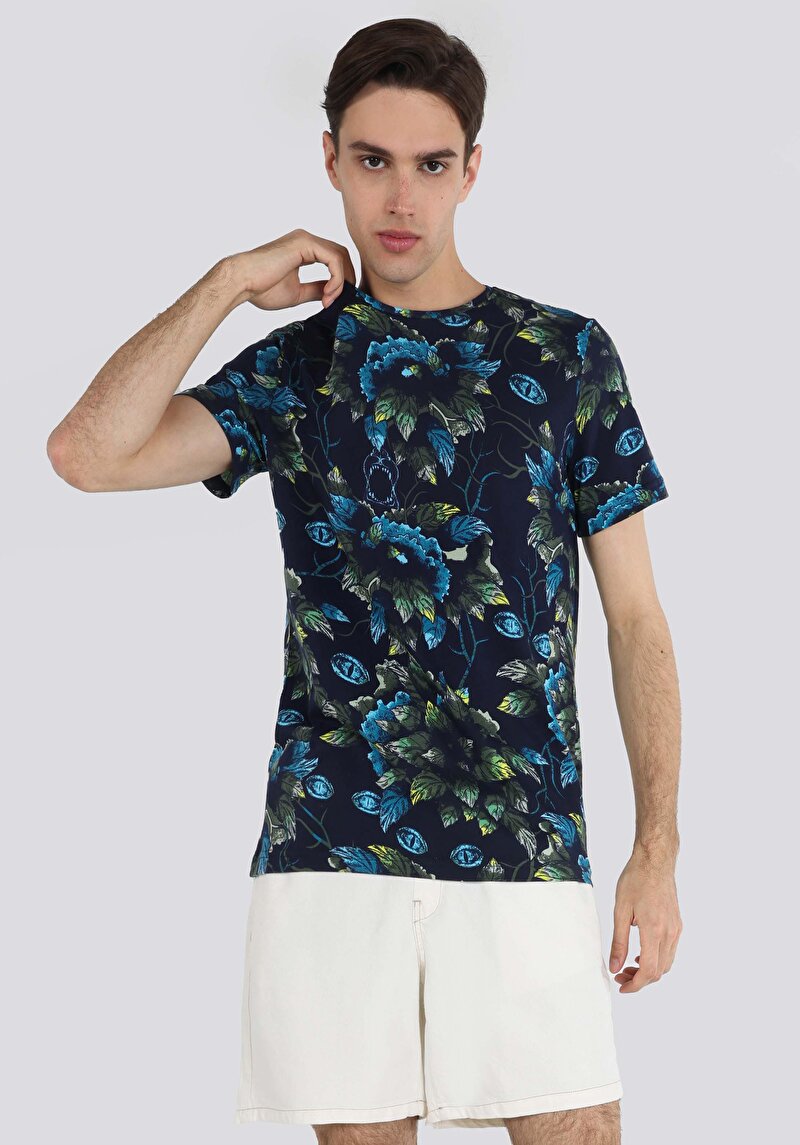 Regular Fit Yuvarlak Yaka Baskılı Erkek Yeşil Kısa Kol Tişört