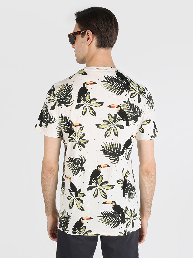 Regular Fit Yuvarlak Yaka Baskılı Erkek Beyaz Kısa Kol Tişört