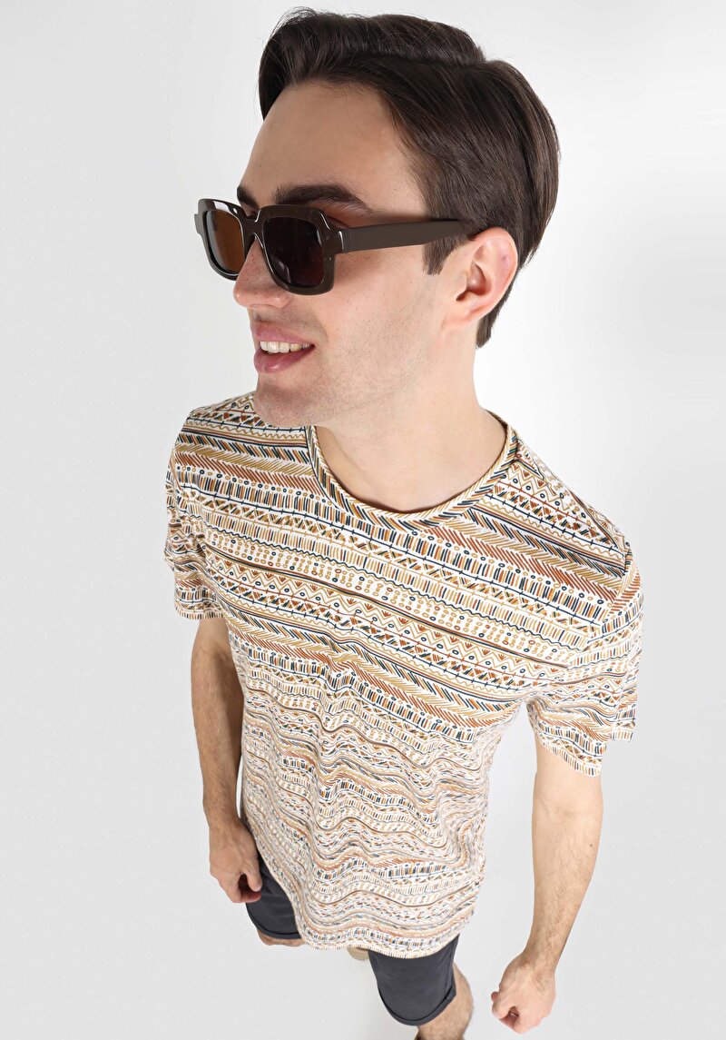 Regular Fit Yuvarlak Yaka Baskılı Erkek Ekru Kısa Kol Tişört