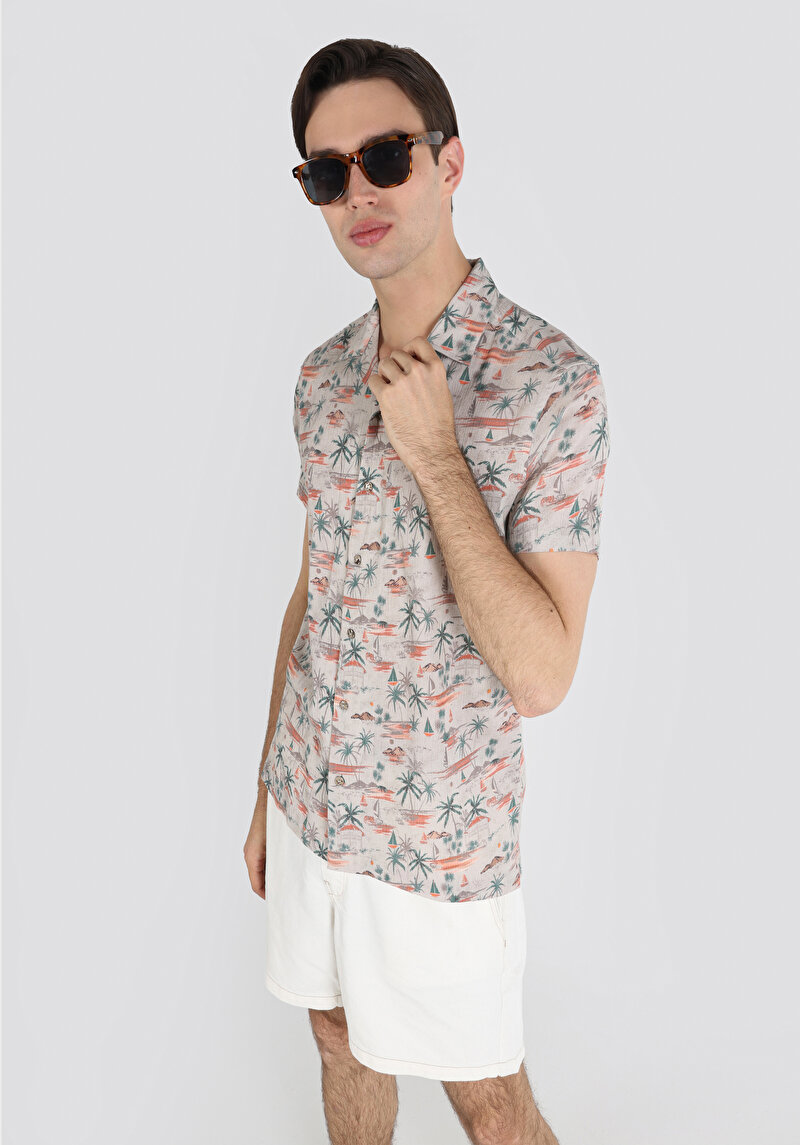 Regular Fit Shirt Neck Baskılı Erkek Bej Pamuklu Kısa Kol Gömlek