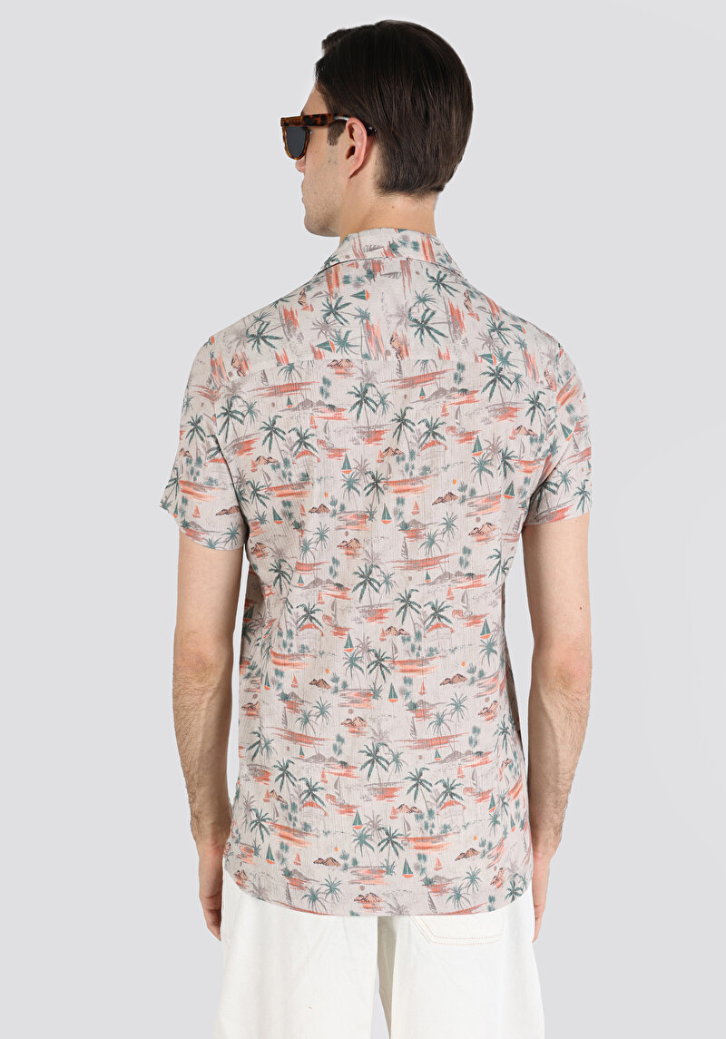 Regular Fit Shirt Neck Baskılı Erkek Bej Pamuklu Kısa Kol Gömlek