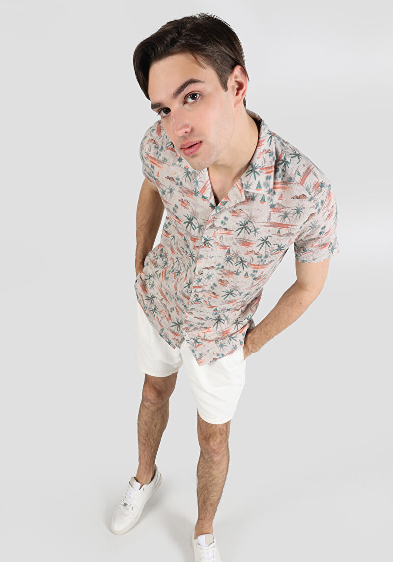 Regular Fit Shirt Neck Baskılı Erkek Bej Pamuklu Kısa Kol Gömlek