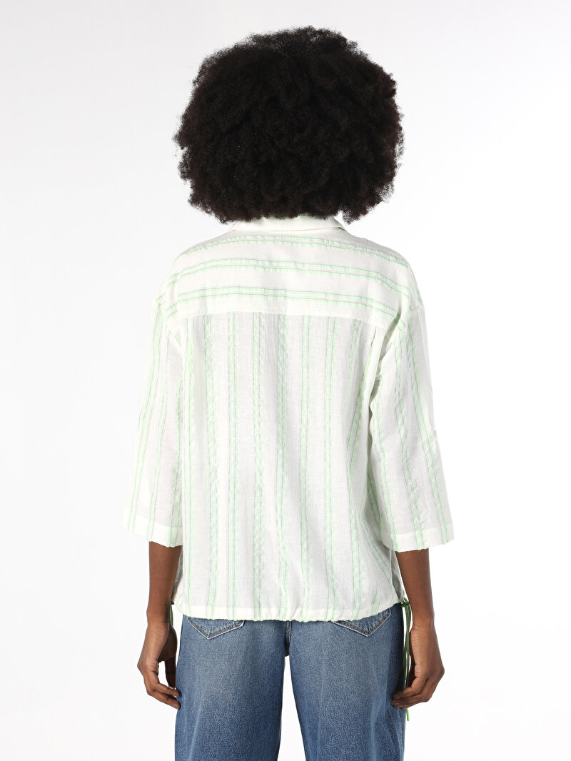 Regular Fit Shirt Neck Çizgili Kadın Yeşil Roll-Up Gömlek