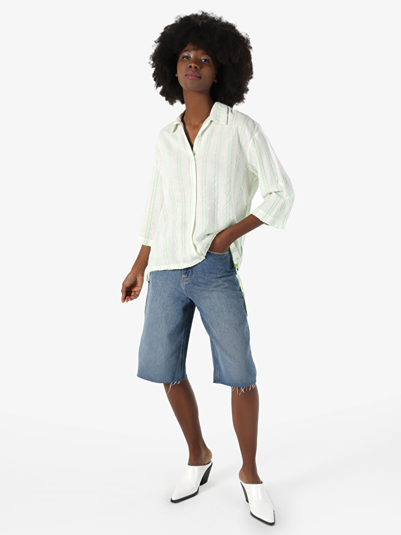 Regular Fit Shirt Neck Çizgili Kadın Yeşil Roll-Up Gömlek