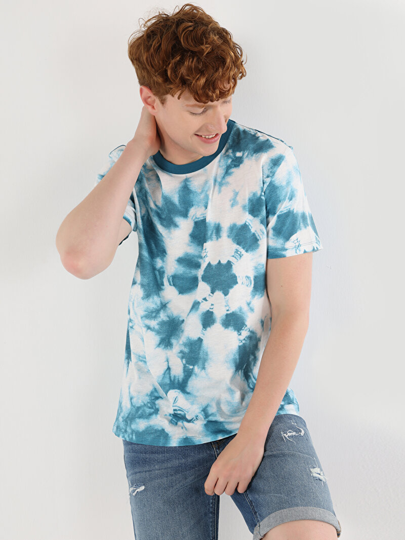 Regular Fit Yuvarlak Yaka Batik Erkek Mavi Kısa Kol Tişört