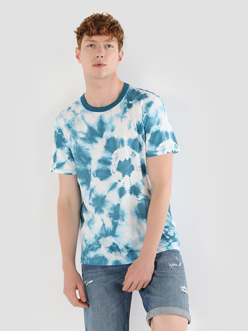 Regular Fit Yuvarlak Yaka Batik Erkek Mavi Kısa Kol Tişört