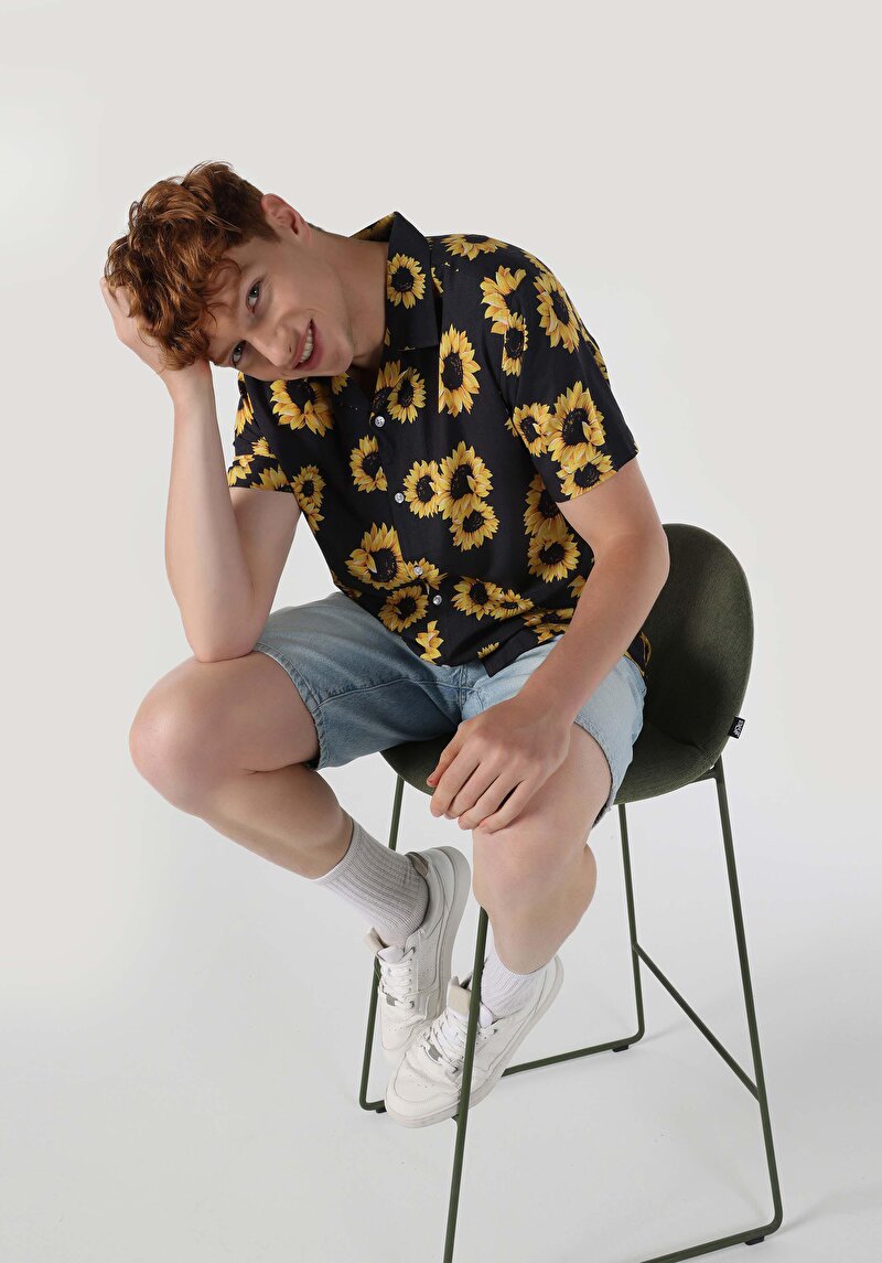 Regular Fit Shirt Neck Baskılı Erkek Antrasit Kısa Kol Gömlek