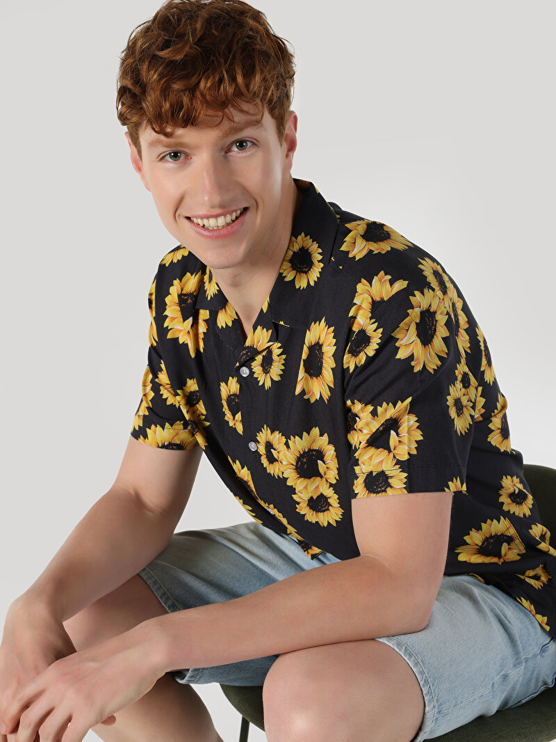 Regular Fit Shirt Neck Baskılı Erkek Antrasit Kısa Kol Gömlek