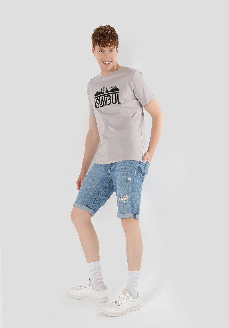 Regular Fit Yuvarlak Yaka Düz Erkek Gri Kısa Kol Tişört