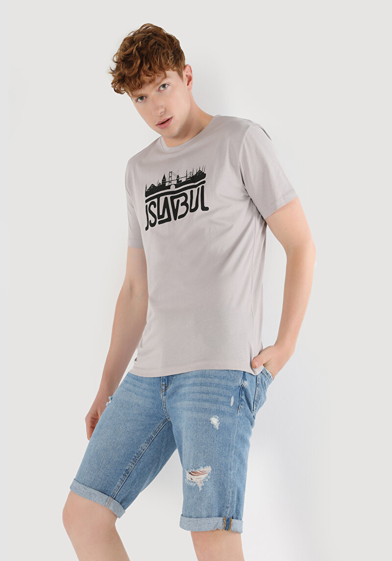 Regular Fit Yuvarlak Yaka Düz Erkek Gri Kısa Kol Tişört