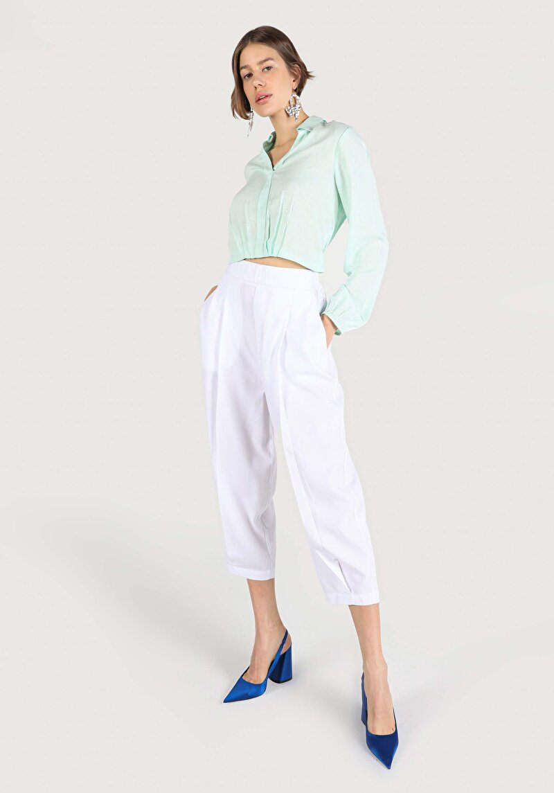 Regular Fit Yüksel Bel Geniş Paça Kadın Beyaz Lyocell Pantolon