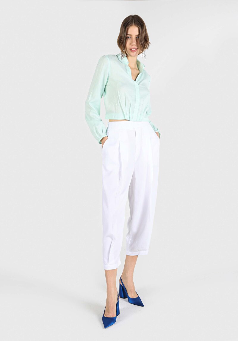 Regular Fit Yüksel Bel Geniş Paça Kadın Beyaz Lyocell Pantolon