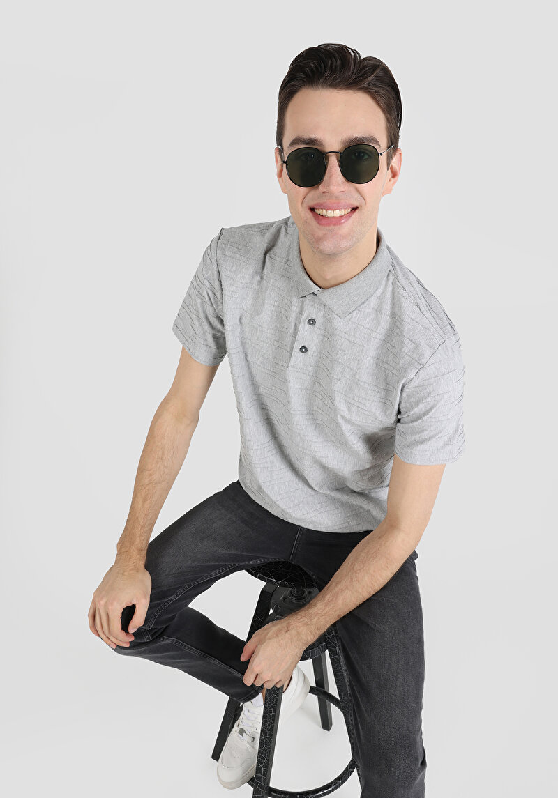 Regular Fit Polo Yaka Düz Erkek Gri Kısa Kol Tişört