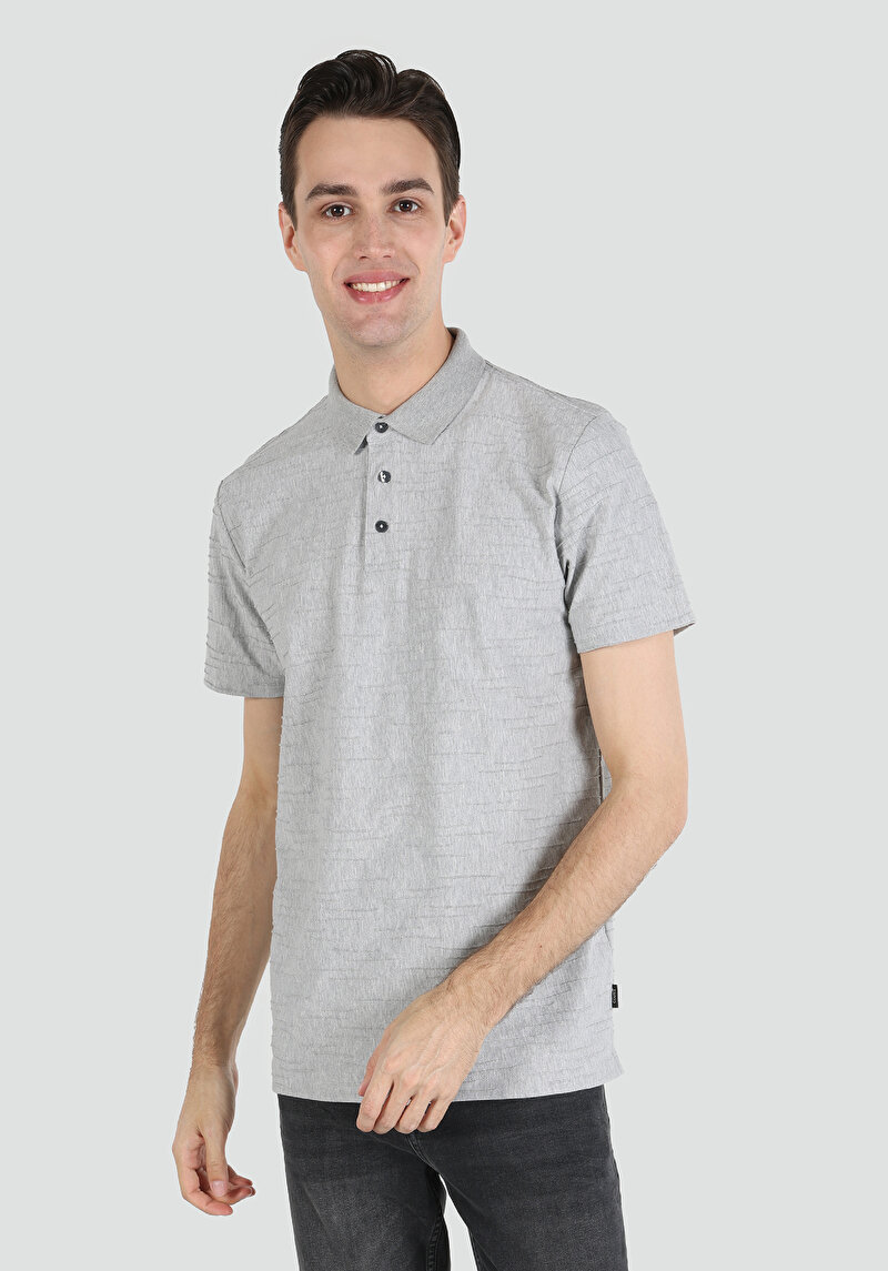 Regular Fit Polo Yaka Düz Erkek Gri Kısa Kol Tişört