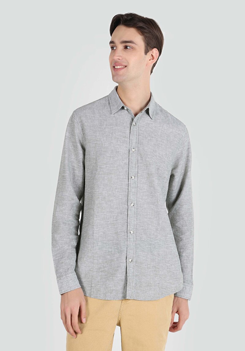 Comfort Fit Shirt Neck Düz Erkek Yeşil Düğmeli Uzun Kol Gömlek