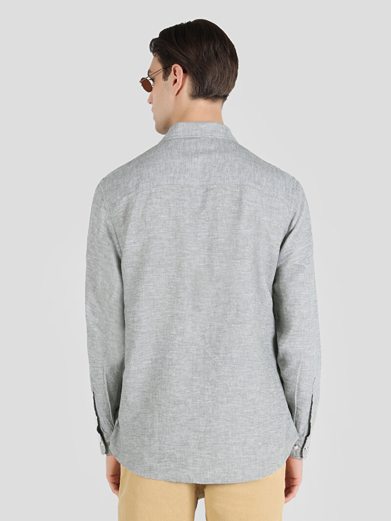 Comfort Fit Shirt Neck Düz Erkek Yeşil Düğmeli Uzun Kol Gömlek