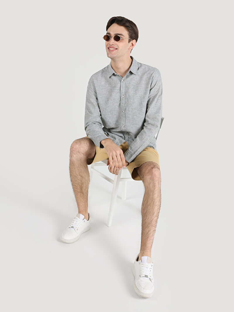 Comfort Fit Shirt Neck Düz Erkek Yeşil Düğmeli Uzun Kol Gömlek