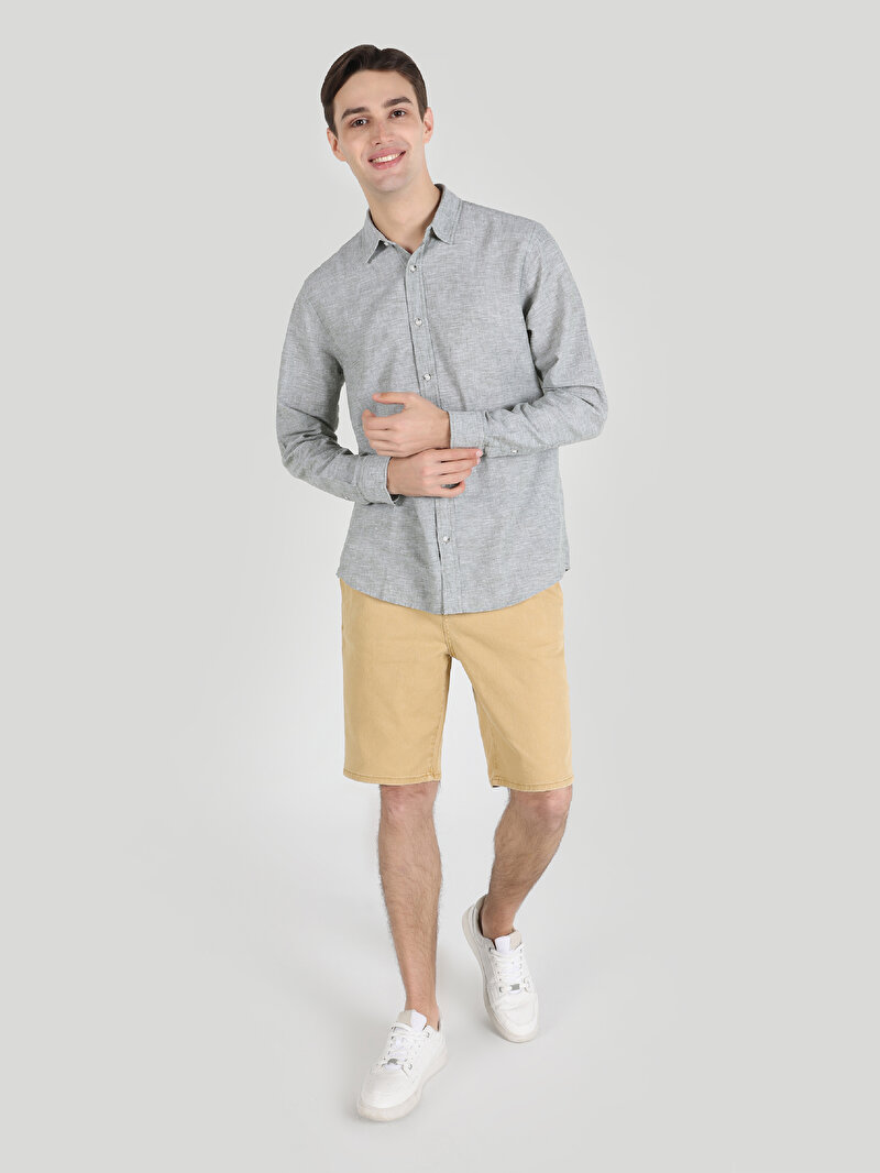 Comfort Fit Shirt Neck Düz Erkek Yeşil Düğmeli Uzun Kol Gömlek